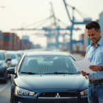 Homme d'âge moyen examinant des papiers devant une voiture japonaise au port
