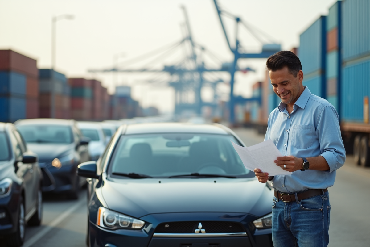 Homme d'âge moyen examinant des papiers devant une voiture japonaise au port