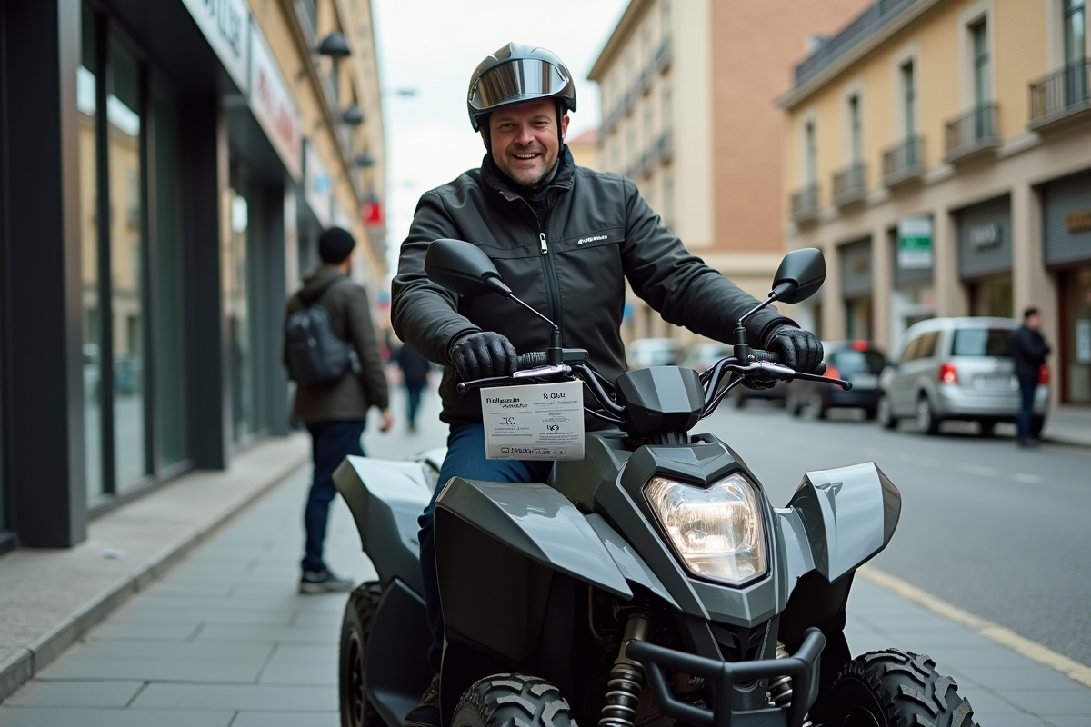 Homme en équipement de moto examinant un quad en ville