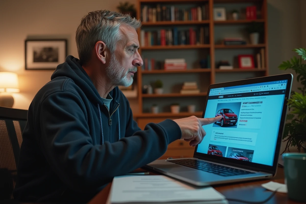 Homme recherchant des voitures accessibles sur un site de petites annonces automobile depuis son bureau à domicile