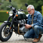 Homme d'âge moyen révisant une moto dans une cour résidentielle