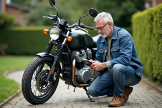 Homme d'âge moyen révisant une moto dans une cour résidentielle