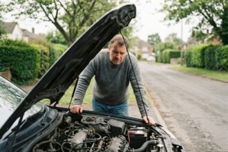 Homme d'âge moyen répare sa voiture en extérieur