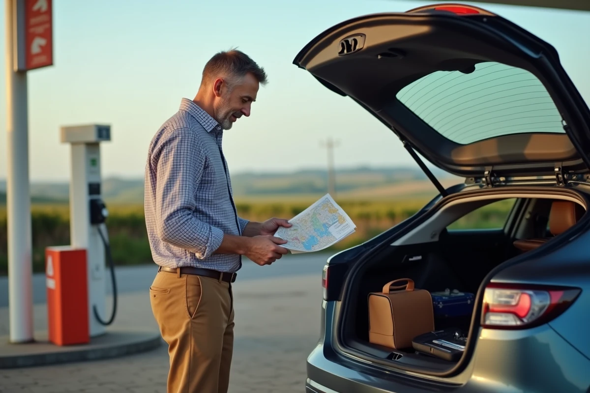 Homme vérifiant une carte et reçu de carburant à la station