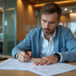 Homme d'âge moyen remplissant papiers d'immatriculation voiture