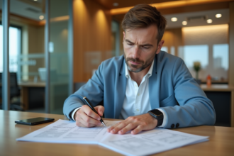 Homme d'âge moyen remplissant papiers d'immatriculation voiture