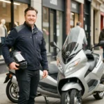 Homme en veste moto debout à côté d'un scooter Piaggio MP3 400 LT argenté garé en ville, illustrant le choix d'une assurance scooter trois roues