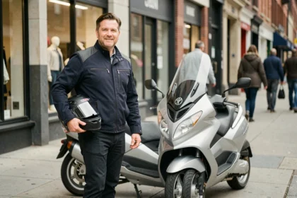 Homme en veste moto debout à côté d'un scooter Piaggio MP3 400 LT argenté garé en ville, illustrant le choix d'une assurance scooter trois roues