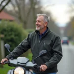 Homme en veste moto et jeans près de son scooter XMAX 125