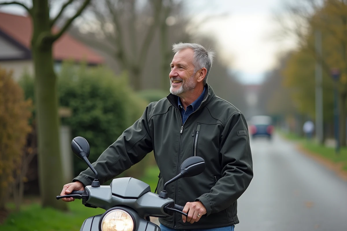 Homme en veste moto et jeans près de son scooter XMAX 125