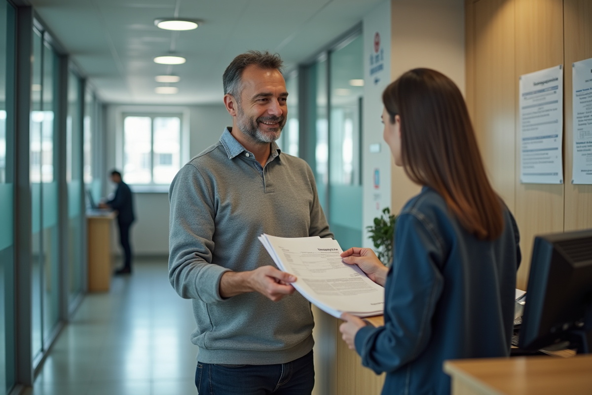 Homme remettant documents officiels à un agent à la mairie