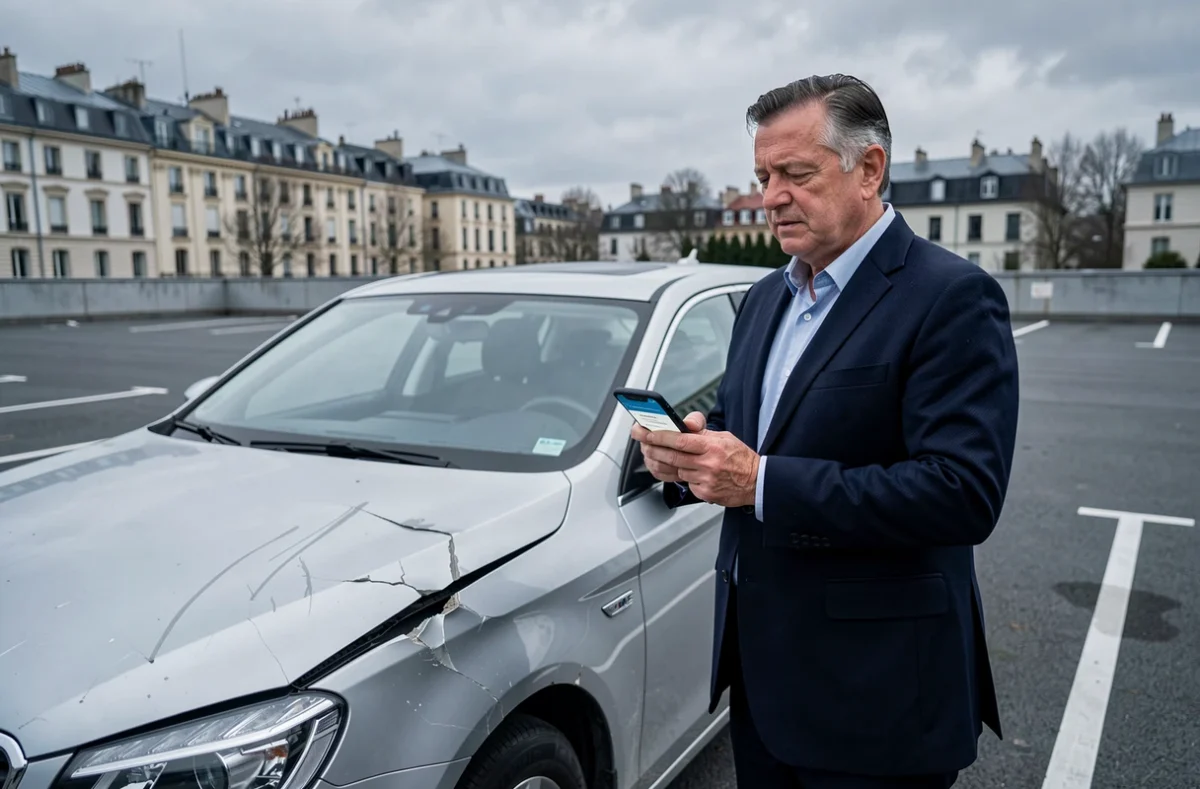 Homme photographiant les dégâts sur sa voiture avec un smartphone pour une déclaration de sinistre auprès de son assurance