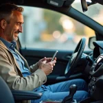 Homme d'âge moyen souriant dans sa voiture