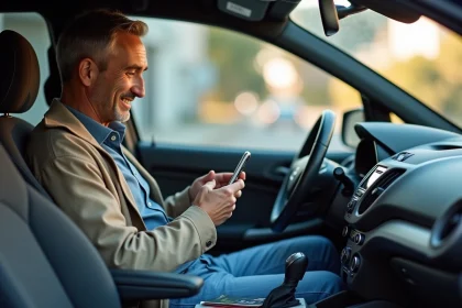 Homme d'âge moyen souriant dans sa voiture