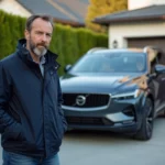 Homme regardant une SUV moderne en extérieur dans une allée résidentielle