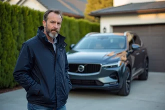 Homme regardant une SUV moderne en extérieur dans une allée résidentielle