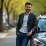 Homme en casual près d'un SUV en banlieue