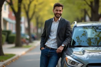 Homme en casual près d'un SUV en banlieue