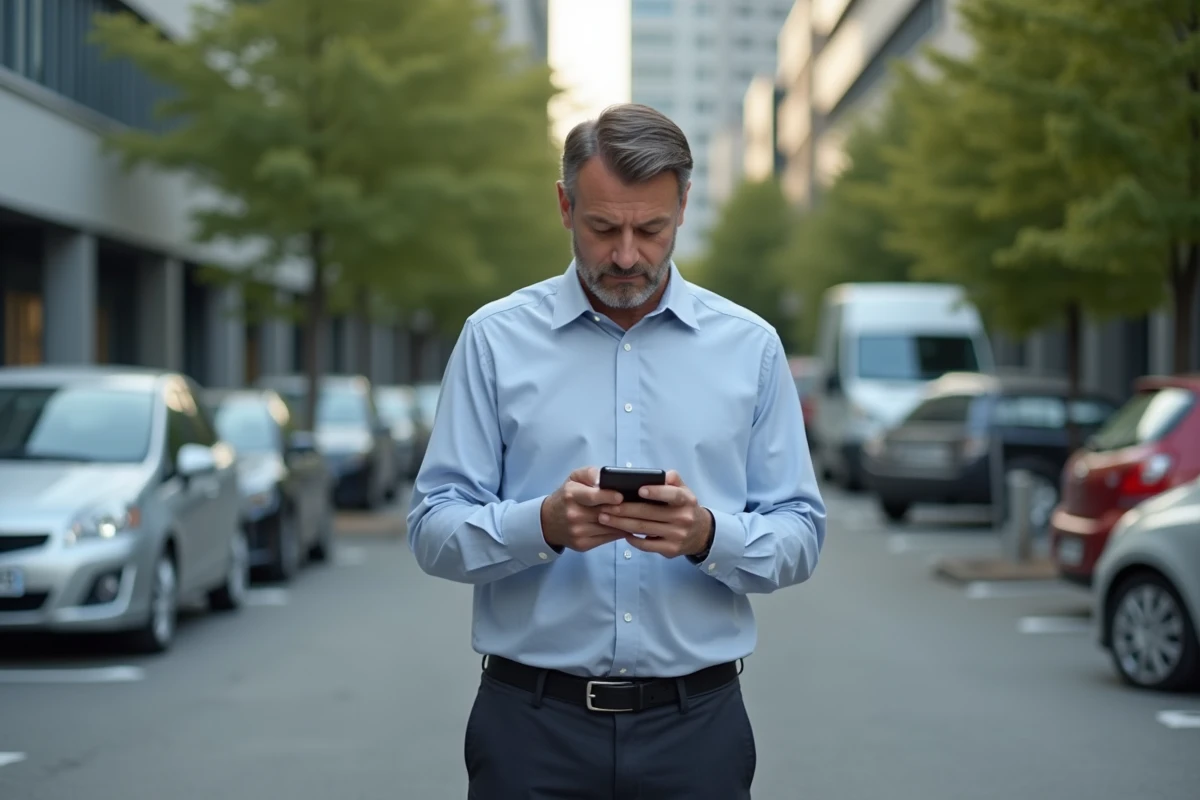 Homme utilise son smartphone pour comparer assurance auto en ville