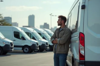 Homme examine un véhicule utilitaire moderne en concession