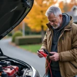 Homme d'âge moyen inspectant câbles de batterie voiture
