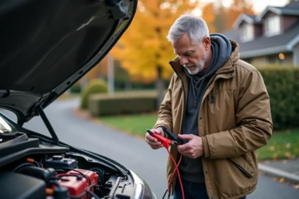 Homme d'âge moyen inspectant câbles de batterie voiture