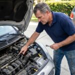 Homme vérifiant le moteur d'une voiture compacte d'occasion