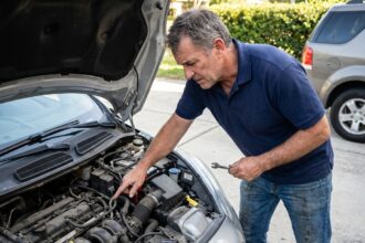 Homme vérifiant le moteur d'une voiture compacte d'occasion