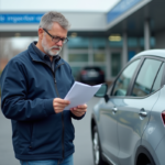 Homme vérifiant des papiers à côté de sa voiture