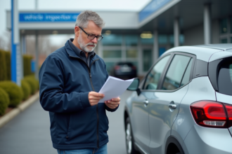Homme vérifiant des papiers à côté de sa voiture