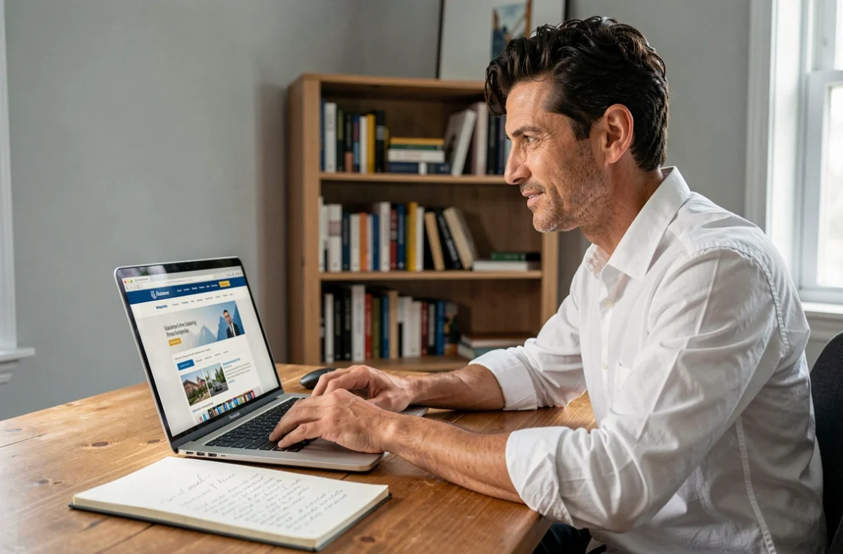 Homme vérifiant les délais de remboursement de son assurance auto sur un site internet depuis son bureau à domicile