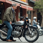 Homme regardant une moto Honda Dax vintage en ville