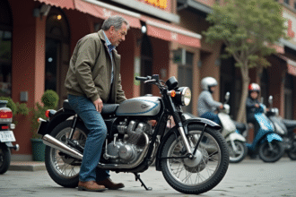 Homme regardant une moto Honda Dax vintage en ville