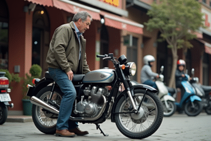 Homme regardant une moto Honda Dax vintage en ville
