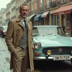 Homme d'âge moyen avec trench beige et voiture ancienne
