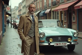 Homme d'âge moyen avec trench beige et voiture ancienne