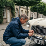 Homme d'âge moyen ajustant une plaque d'immatriculation vintage