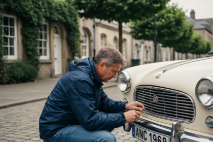 Homme d'âge moyen ajustant une plaque d'immatriculation vintage