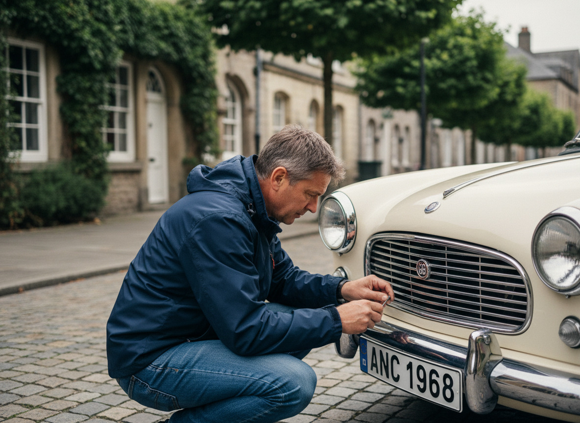 Homme d'âge moyen ajustant une plaque d'immatriculation vintage