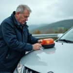 Homme d'âge moyen examinant un balise V16 sur sa voiture