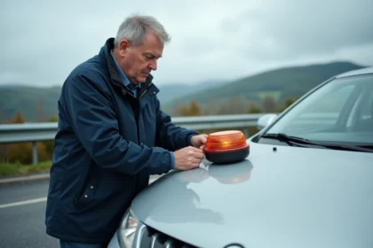 Homme d'âge moyen examinant un balise V16 sur sa voiture