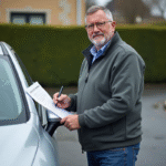 Homme d'âge moyen tenant sa carte grise à côté d'une voiture