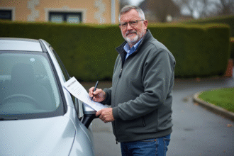 Homme d'âge moyen tenant sa carte grise à côté d'une voiture