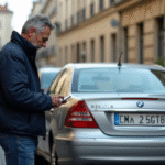 Homme français examine une vieille plaque d'immatriculation devant sa voiture