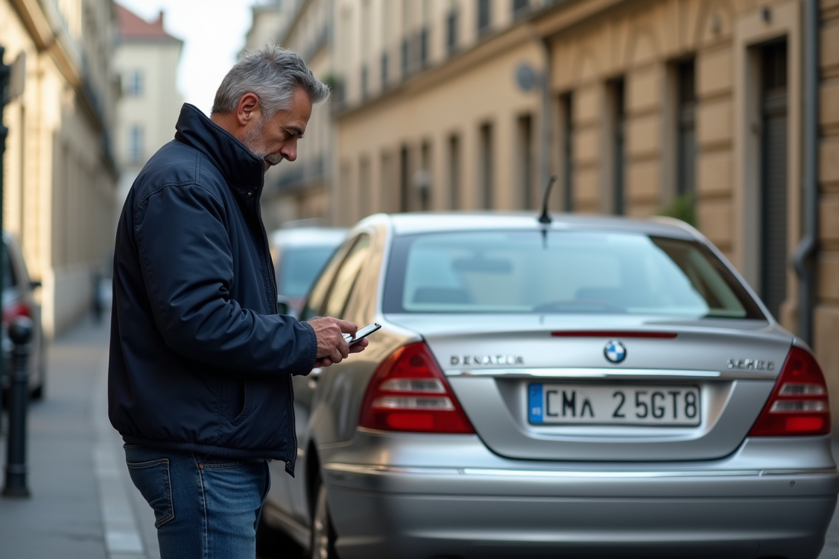 Homme français examine une vieille plaque d'immatriculation devant sa voiture