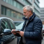 Homme examinant une plaque d'immatriculation européenne devant une voiture