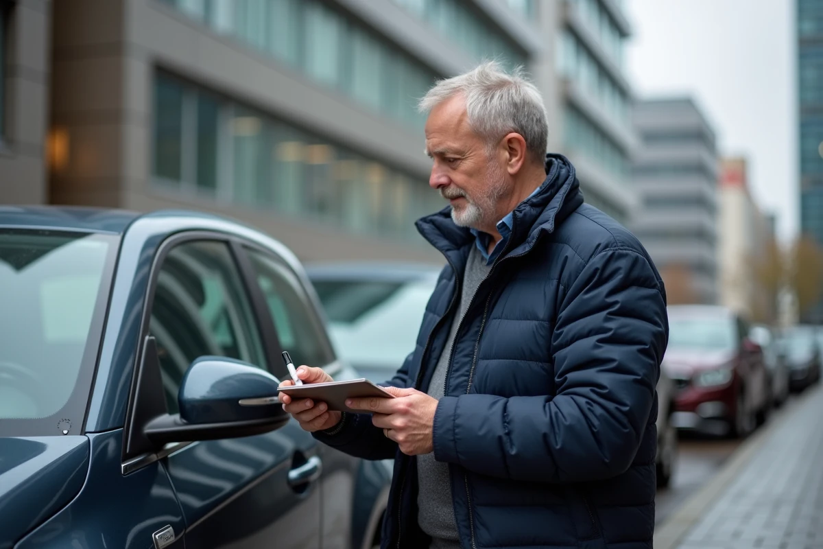 Homme examinant une plaque d'immatriculation européenne devant une voiture