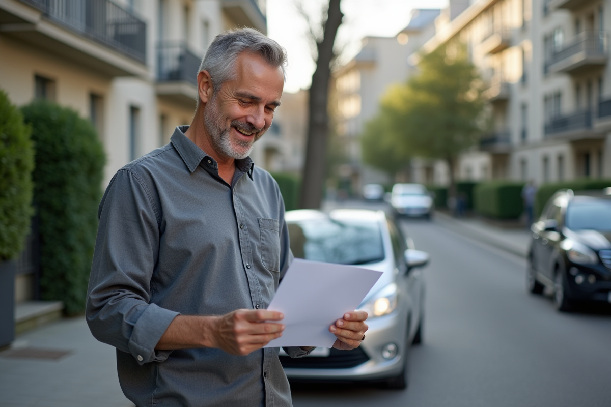 Homme souriant avec document de voiture dans la rue