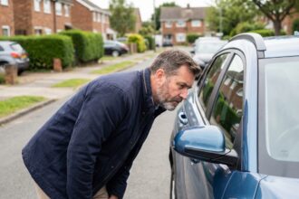 Homme d'âge moyen inspectant un SUV bleu en extérieur