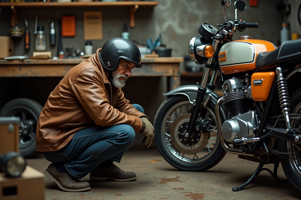 Passionné de moto inspectant une Honda XLV750R dans un atelier vintage, moto trail collector des années 80